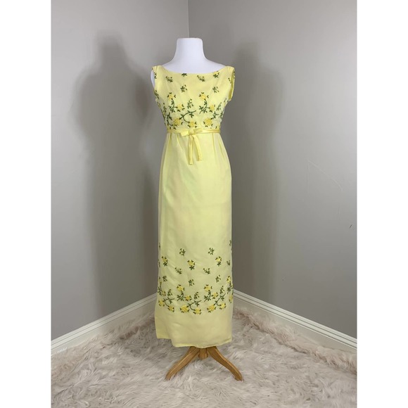 Vintage 50s 60s Bridgerton Jane Austen Regency Midcentury Maxi Yellow Dress ~XS - Picture 4 of 14